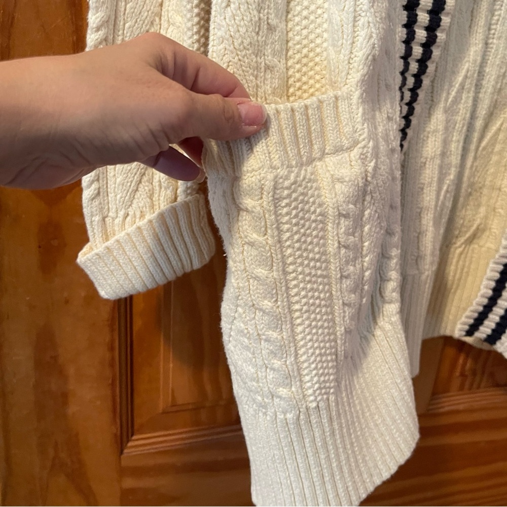 Tommy Hilfiger Cream Cable-Knit Open Cardigan with Navy Stripe Trim - Picture 2 of 9
